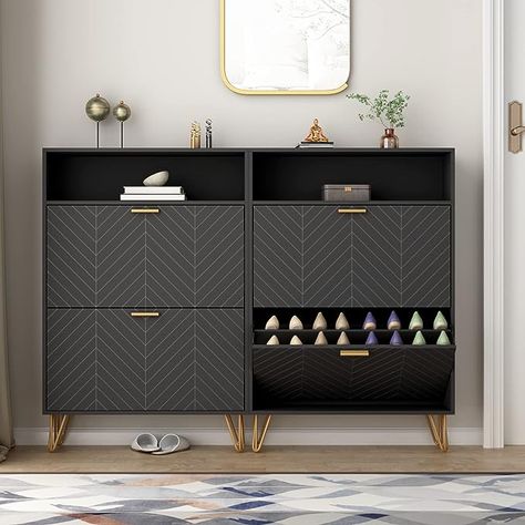 Auromie Shoe Cabinet, Freestanding Tipping Bucket Shoe Storage Cabinet with 2 Flip Drawers, Modern Entryway Shoe Rack with Storage Top Cubby, Narrow Slim Hidden Shoe Organizer with Doors (Black) Shoe Storage Cabinets, Closed Shoe Rack Entryway, Modern Entryway With Shoe Storage, Slim Entryway Cabinet, Slim Shoe Cabinet Entryway, Shoe Cabinet Entryway Modern With Mirror, Shoe Cabinet Entryway Modern, Hidden Shoe Storage Entryway, Shoe Cabinet Entryway Slim