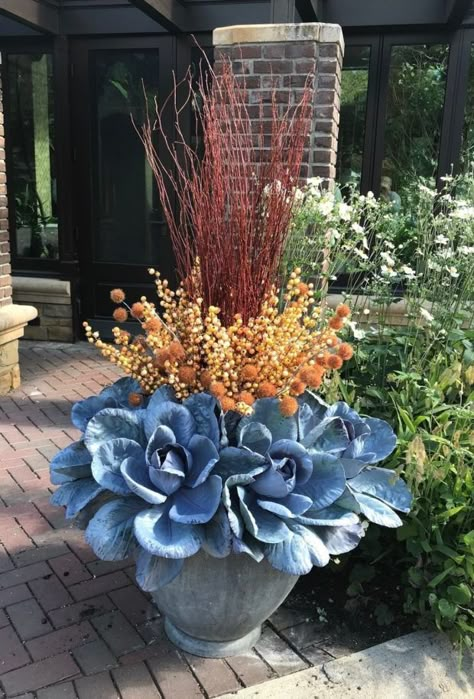 Fall Pots, Winter Container Gardening, Fall Container Gardens, Fall Green, Succulent Landscape Design, Fall Containers, Garden Works, Succulent Landscaping, Container Vegetables