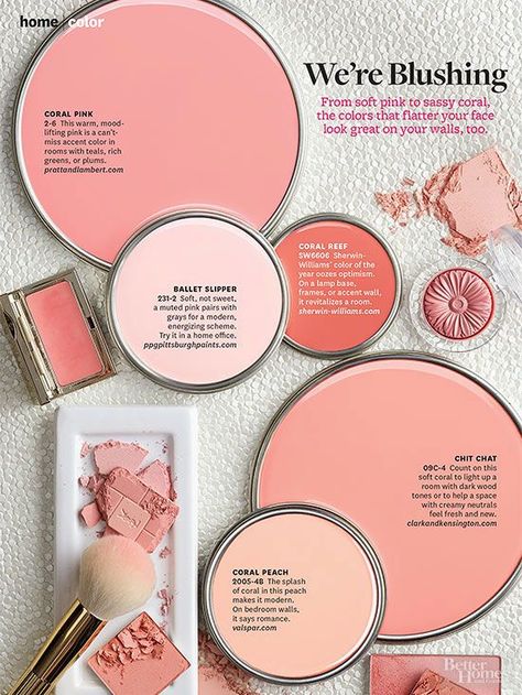 BHG's favorite shades of blush and corals that would look great on a wall or painted on accent furniture.  Paint color names and brands from BHG Coral Paint Colors, Pantone 2016, Table Room, Master Bed, Bathroom Reno, Pink Paint, Color Codes, Interior Paint Colors, Paint Colours