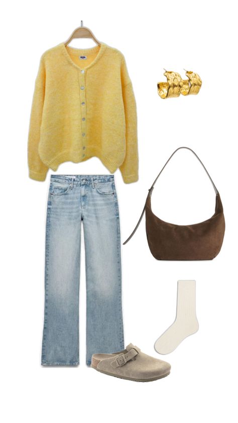 Yellow cardigan with blue jeans boston birkenstock gold earings and suede brown bag Yellow Cardigan Outfit, Suede Bag Outfit, Yellow Cardigan Outfits, Minimalist Fall Outfit, Birkenstock Gold, Boston Birkenstock, Classy Closets, Cardigan Outfit, Yellow Cardigan