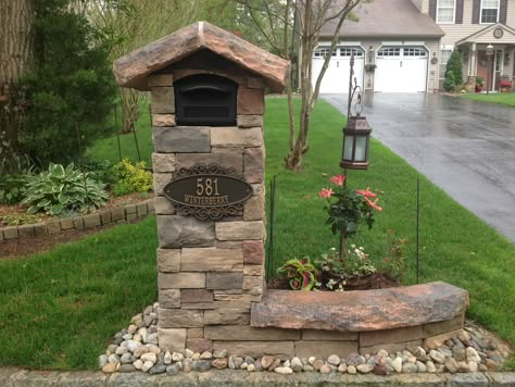 Brick Mailbox Designs Driveway Entrance, Mailbox Stone Ideas, Concrete Mailbox Ideas, Stacked Stone Mailbox Ideas, Rock Mailbox Ideas, Stone Mailbox Designs, Brick Mailbox With Planter, Brick Mailbox Landscaping, Mailbox With Planter