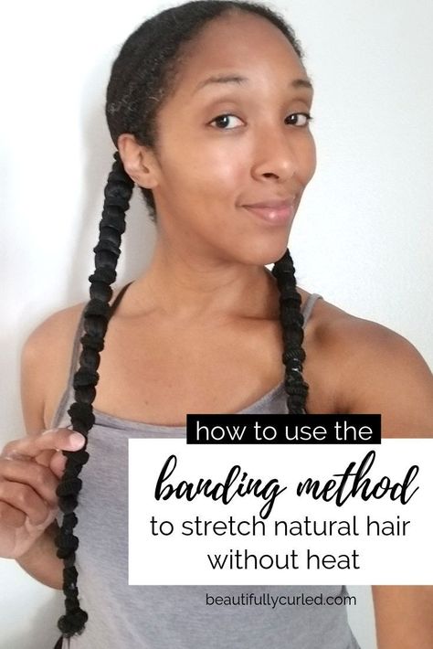 Need a break from the heat? Try Banding Your Natural Hair | A No Heat Method to Stretch Curls • A Guide By Beautifully Curled (Video Tutorial Included) Stretching Natural Hair, Growing Long Natural Hair, Hair Movement, Beach Waves Hair Tutorial, Cute Natural Hairstyles, Hair Spray Bottle, Hair Without Heat, Natural Hair Regimen, No Heat Hairstyles