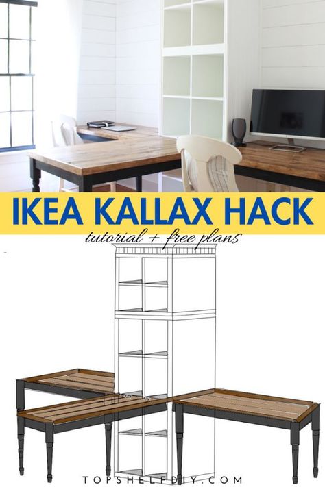 T Shaped Desk For Two Ikea, Diy T Shaped Office Desk, Double L Desk, Shelving In Home Office, T Shaped Office Desk For Two, T Shaped Two Person Desk, Ikea Desk Kallax Hacks, T-shaped Desk, Kallax With Desk