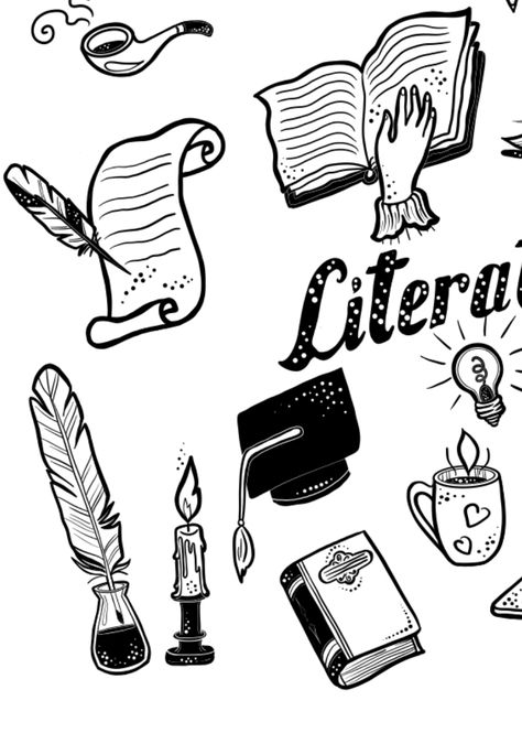 #graphic #sketch #liner #icons #school #science #arts #theatre #languages #literature #poetry #writer #candle #book #books #culture #vector #clipart #order #web #design #art #adobefresco #artwork #blackandwhite #monochrome History Doodles, Library Murals, Literature Tattoos, 21st Century Literature, Literature Project, Literature Posters, Candle Book, Graphic Sketch, Literature Poetry