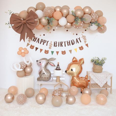 PRICES MAY VARY. 【Forest Animal Birthday Decoration Set】Happy Birthday Banner*1 Hanging Flag*2 Deer and Bunny Foil Balloons*1--Latex balloons included: Double Skin Tone Balloons*14, Double Gold Dot Balloons*6, Double White Dot Balloons*6, Double Star Balloons*6, Champagne and Skin Tone Balloons*13, White Balloons*14, Five Inch White and Skin Tone Balloons*13 Compose Woodland Animal Balloon Arch Shape Up Creative Jungle Animal Birthday Decoration Party 【Double Layer Balloon Matching Set High Qual Animal Birthday Decorations, Woodland Birthday Decorations, Birthday Balloon Arch, Deer Birthday Party, Safari Birthday Party Decorations, Woodland Party Decorations, Forest Birthday Party, Animal Theme Birthday, Forest Birthday