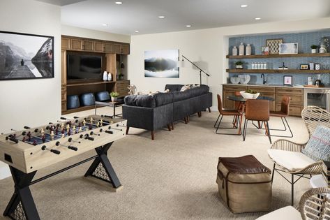 Revel at Wolf Ranch | The Vineyard Home Design Open Shelf Bar, Shelf Bar, Basement Living Rooms, Toll Brothers, Basement Makeover, Outdoor Living Rooms, Flex Room, Basement Bedrooms, Amazing Spaces