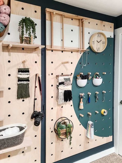 Giant Pegboard, Tan Paint Colors, Zimmer Diy, Shiplap Ceiling, Office Crafts, Office Makeover, Home Office Space, Peg Board, Craft Storage