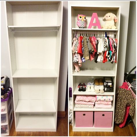 Baby Closet Shelves, Book Shelf Wardrobe, Bookshelf For Clothes Storage, Diy Shelf Closet, Book Shelf Baby Room, Book Shelf Closet Ideas, Baby Shelf Organization, Bookshelf Baby Closet, Diy Baby Closet Bookshelf