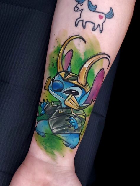 Watercolor Disney Tattoo, Nordic Gods Tattoo, Disney Sister Tattoos, Disney Watercolor Tattoo, Loki Tattoo, Disney Stitch Tattoo, Watercolor Tattoo Artists, Special Tattoo, Father Daughter Tattoos