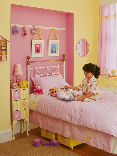 Pink and Yellow Pink And Yellow Bedroom, Yellow Kids Room, Yellow Kids Bedroom, Yellow Girls Room, Yellow Kids Rooms, Yellow Kids, Pink Bedroom For Girls, Pink Girl Room, Feminine Bedroom