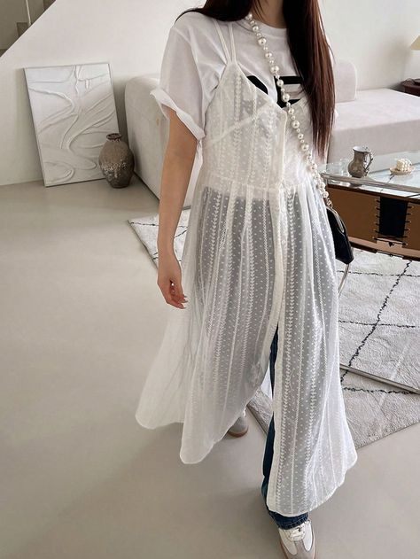 White Casual Collar Sleeveless Fabric Plain Cami Embellished Non-Stretch  Women Clothing Mesh Outfit, White Sheer Dress, Ootd Winter, Long Slip Dress, Maxi Dress Outfit, Tiered Maxi Dress, Women Long Dresses, Dress Outfit, Sheer Dress