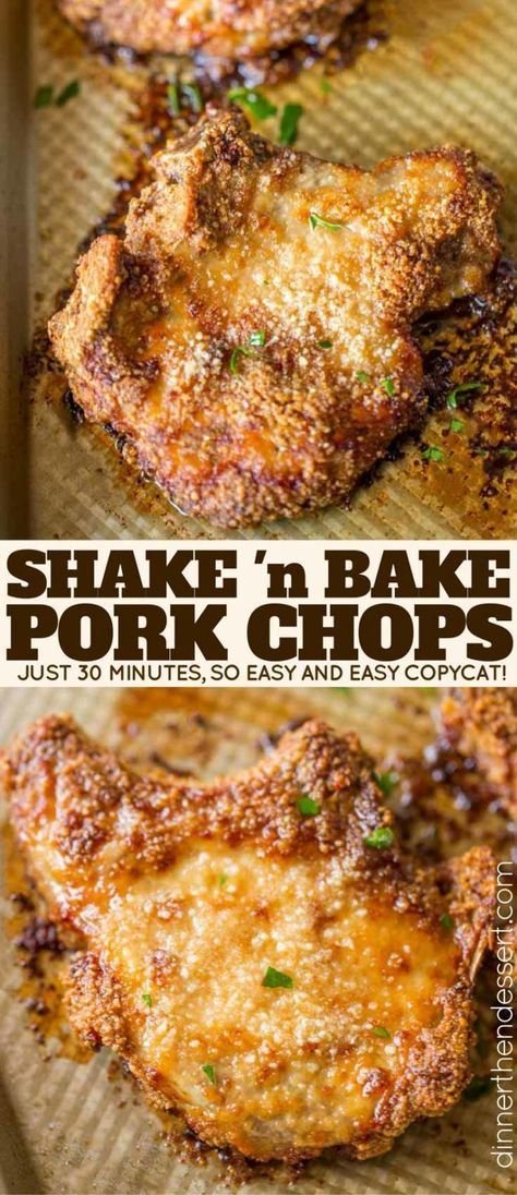 Shake and Bake Pork Chops with homemade shake and bake mix baked on a sheet pan. A perfect homemade natural copycat with dinner done in just 30 minutes. Perfect Shake 'n Bake Copycat! Shake And Bake Pork Chops, Bake Pork Chops, Shake And Bake Pork, Homemade Shake And Bake, Baked Pork Chops Oven, Shake And Bake, Pork Chop Recipes Baked, Pork Chop Dinner, Chop Recipes