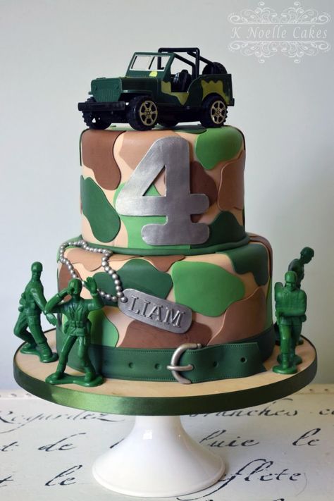 Army theme birthday cake by K Noelle Cakes Army Bday Cake, Army Men Cake, Army Man Cake, Army Men Birthday Cake, Soldier Cake, Army Theme, Army Themed Birthday Party, Camo Birthday Cake, Army Cake Design