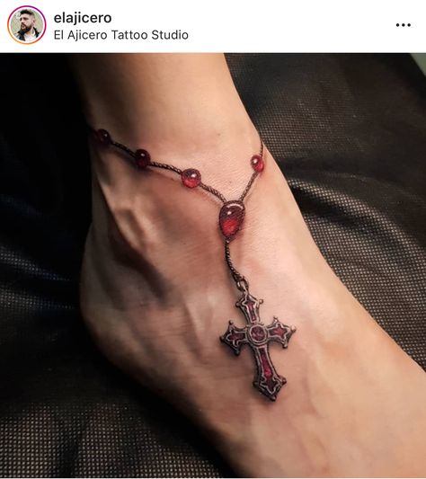 Red Rosary Tattoo, Rosary Tattoo On Ankle, Rosary Tattoos, Anklet Tattoos For Women, Rosary Bead Tattoo, Wrist Bracelet Tattoo, Charm Tattoo, Rosary Tattoo, Ankle Bracelet Tattoo