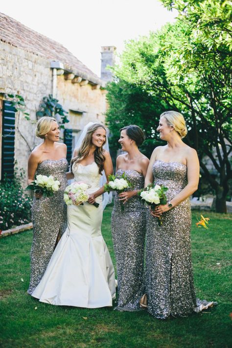 Sparkling Bridesmaids Dresses For Winter Weddings, Silver Sequin Bridesmaid Dress, Silver Grey Bridesmaid Dresses, Strapless Bridesmaid Dresses, Sparkly Bridesmaids, Dresses For Winter, Silver Bridesmaid Dresses, Winter Bridesmaids, Beachside Wedding