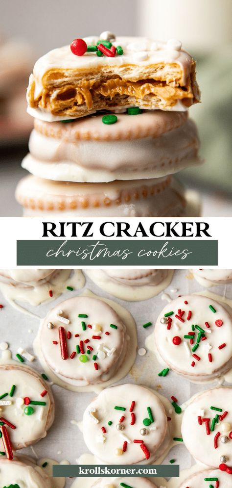 Ritz Cracker Christmas Cookies • Kroll's Korner Ritz Peanut Butter Cracker Candy, Christmas At The Ritz Cookies, Christmas Ritz Cracker Cookies, Ritz Crackers Christmas Treats, Ritz Crackers With Rolos, Ritz Cracker Holiday Treats, Christmas Cookies With Rolos, Rolo Ritz Cracker Cookies, Christmas Cookies Ritz Crackers