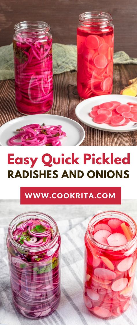 Quick pickled radishes with red onions recipe is a great way to turn an ordinary root vegetable into a delicious side dish for many dinner recipes. It's a great crunchy snack to add to cheese plates and a charcuterie board, or as a topping on avocado toast! Radish Pickle Recipe, Pickled Veggies Recipe, Quick Pickled Radishes, Easy Pickling Recipes, Pickled Vegetables Recipe, Red Onion Recipes, Quick Pickled Red Onions, Fermented Pickles, Cheese Plates