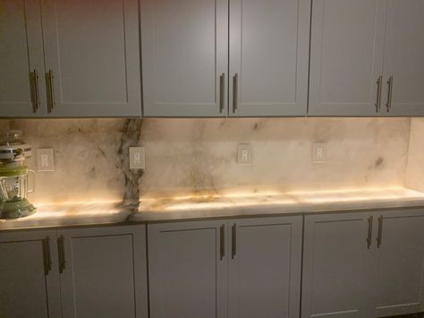 Translucent Quartzite Countertops, Light Up Quartz Counter, Light Up Countertops, Backlit Bathroom Mirror, Quartz Counter, Led Tape, Quartzite Countertops, Low Cabinet, Bathroom Countertops