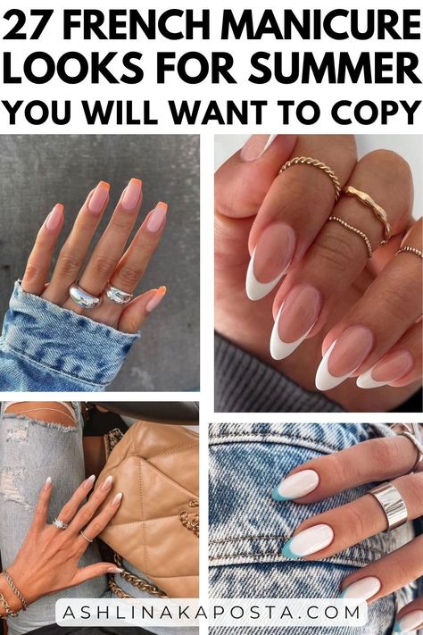 27 French Manicure Looks You'll Love For Summer — ASHLINA KAPOSTA Modern French Manicure Trends, Almond French Manicure, Summer French Manicure, Modern French Manicure, Summer French Nails, Glamour Home, Manicure Colors, French Manicure Nails, French Manicures