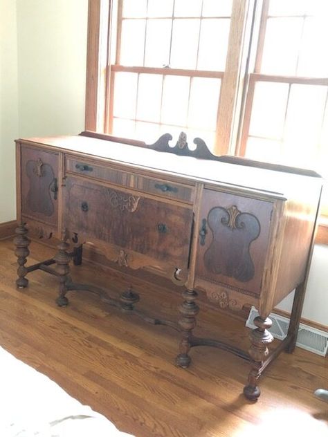 Painted Jacobean Buffet, Jacobean Furniture Makeover, Buffet In Front Of Window, Buffett Redo Antique Buffet, Antique Buffet Decor, Old Buffet Makeover Ideas, Buffet Cabinet Makeover, Painted Antique Buffet, Antique Buffet Makeover