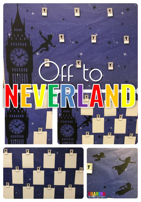 Peter Pan Classroom Door, Disney Theme Classroom Ideas, Peter Pan Classroom, Neverland Decor, Disney Classroom Door, Disney Bulletin Boards, Petar Pan, Library Window, 2023 Classroom