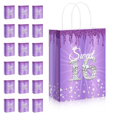 PRICES MAY VARY. What You Get: the package includes 18 pieces of sweet 16 birthday party favor gift bags, which are printed with purple [sweet 16] patterns, enough quantity for you to store candy and presents for sweet 16 birthday themed parties Reliable to Use: these sweet 16 candy favors treat bags are made of kraft, safe and reliable to use, lightweight and sturdy, not easy to fade or break, smooth to touch, reusable and solid, which can hold many small items, and can be applied for a long ti Sweet 16 Swag Bag Ideas, Sweet 16 Party Ideas Themes Purple, 16 Birthday Decorations, Sweet Sixteen Party Favors, Sweet 16 Candy, Purple Sweet 16, Purple Party Decorations, Sweet 16th Birthday, Sweet 16 Party Favors