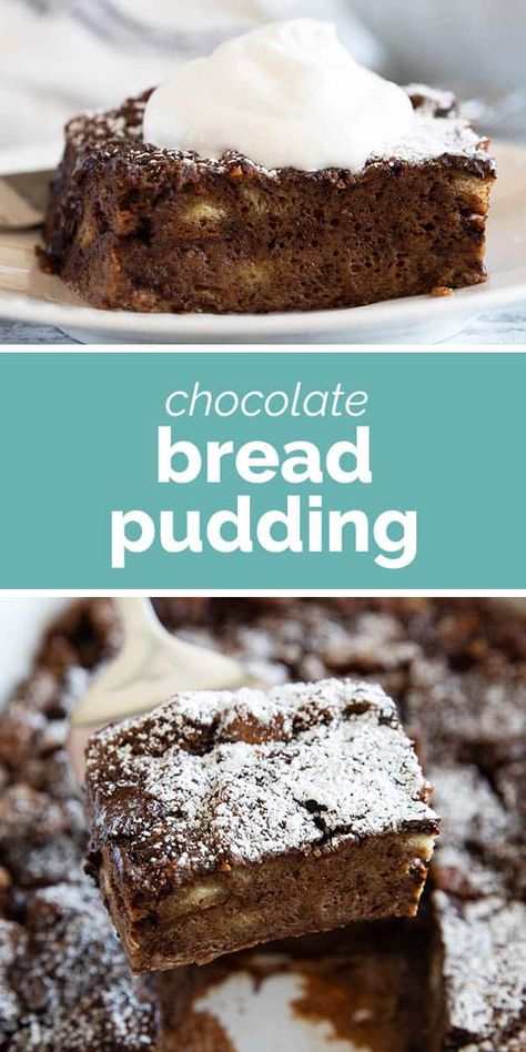 Tender and perfect, this Chocolate Bread Pudding is for chocolate lovers! A chocolate custard gives this bread pudding it’s rich flavor, and chunks of chocolate bring in even more flavor. Chocolate Bread Pudding Recipe, Custard Bread Pudding, Gooey Desserts, Bread Pudding Dessert, Heavenly Desserts, Old Fashioned Bread Pudding, Custard Sauce, Chocolate Bread Pudding, Bread Puddings