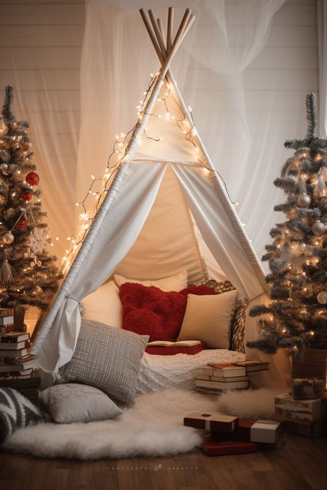 42 Enchanting Christmas Reading Nooks for Kids - In The Playroom Christmas Tents For Kids, Christmas Teepee Sleepover, Christmas Tepee, Christmas Tent Party, Tent Reading Corner, Reading Teepee, Reading Nooks For Kids, Glamping Christmas, Christmas Teepee