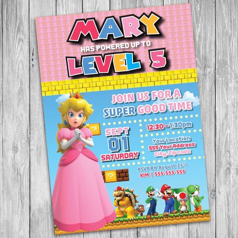 Peaches Birthday Party Mario, Princess Peach Invitations Super Mario, Mario Bros Princess Peach Birthday, Princess Peach Party Invitations, Super Mario Princess Birthday Party, Princess Peach Invitation Template, Princess Peaches Party, Princess Peaches Birthday Party, Peach Birthday Party Mario