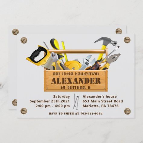 Handyman Tools and Gadgets Birthday Party Invitation.
#affiliate Tools Birthday Party, Handyman Tools, Transportation Party, Wood Invitation, Mens Birthday Party, Tool Party, Birthday Party Tables, Birthday Party Planning, Construction Birthday