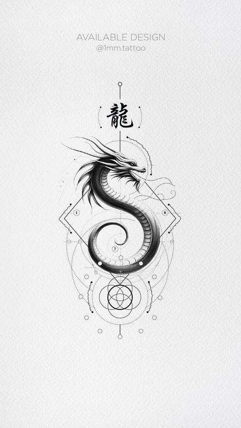 Fine line tattoo of a dragon titled 'The Year of the Wood Dragon,' featuring sacred geometry and Chinese script. Modern Dragon Tattoo, Chinese Year Of The Dragon Tattoo, Wood Dragon Tattoo, Year Of The Dragon Tattoo, Fine Line Dragon Tattoo, Fine Line Tattoo Design, Choice Tattoo, Fine Line Design, Micro Realism