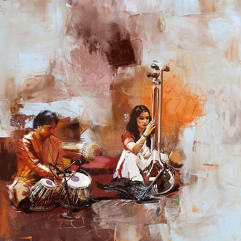 “Everyone wants to blast their music, to impose their voice and opinion, to make noise that is loud enough to cover every other voice around them. I wondered what would happen if we truly gave each other a chance and listened carefully to the tunes played by the fancy or broken instruments of each lonely soul around us?” ― Louis Yako Classical Dance Paintings, Indian Musical Instruments, Pakistani Art, Indian Classical Music, Indian Classical Dance, Cultural Art, Color Drawing Art, Lily Painting, Dance Paintings