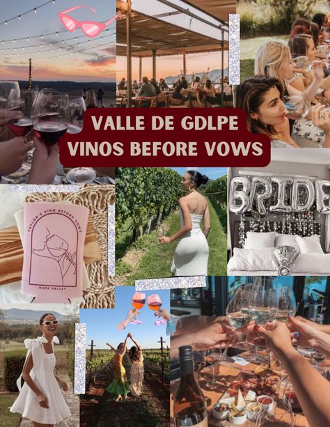 Inspo for your bachelorette. Bachelorette trip  Vinos before Vows theme.  #bachinspo #bacheloretteinspo #bacheloretteideas #winetastingbachelorette #vinosbeforevows #valledeguadalupe #beforevows Vineyard And Vows Bachelorette, Bachelorette Collage, Collage Themes, Vineyard Bachelorette, Vino Before Vows Bachelorette, Vino Before Vows, Bachelorette Inspo, Bachelorette Theme, Bachelor/bachelorette Party