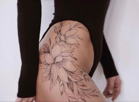 Lily Hip Tattoo, Fine Line Thigh Tattoos Women, Female Hip Tattoos, Mandala Hip Tattoo, Back Of Leg Tattoos, Side Hip Tattoos, Best Leg Tattoos, Floral Thigh Tattoos, Hip Thigh Tattoos