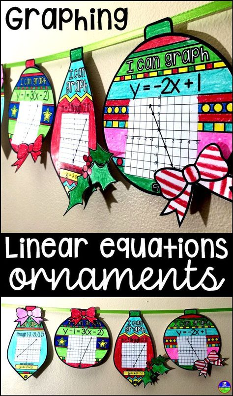 Fun activity to do the day before break. Play a Christmas movie in the background while my Algebra students work on their graphing linear equations math pennant activity. Linear Equations Worksheet, Math Display, Holiday Math Activities, Algebra Classroom, Activities For Halloween, Point Slope Form, Graphing Linear Equations, Slope Intercept Form, Math Classroom Decorations