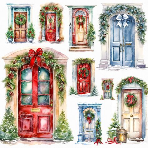 Door Clipart, Door Png, Christmas Doors, Create Christmas Cards, Christmas Front Doors, Watercolor Red, Xmas Wreaths, Christmas Wonderland, Watercolor Christmas