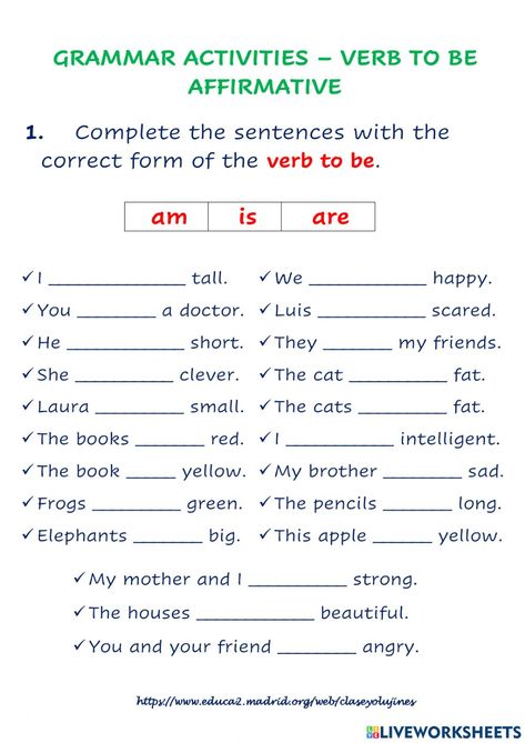 Verb to be - affirmative interactive activity for Grade 3. You can do the exercises online or download the worksheet as pdf. Grade Four English Worksheets, Worksheet On Verbs For Class 3, Be Verbs Worksheet Grade 3, Verb To Do Worksheet, To Be Verbs Worksheet, Verbs Worksheet Grade 3, Be Verbs Worksheet, Verb To Be Worksheets For Kids, To Be Worksheet For Kids