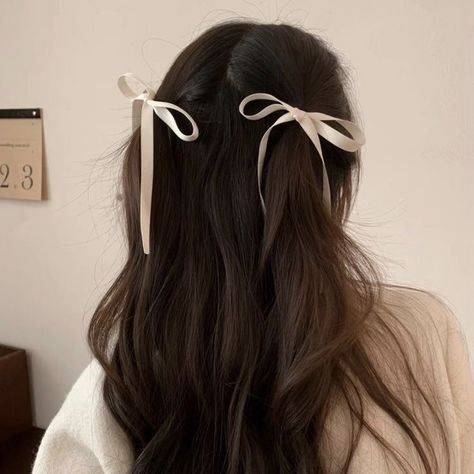 Ribbon Hairstyle Aesthetic Short Hair, Hair Ribbon Hairstyles Aesthetic, Aesthetic Hairstyles Ribbons, Black Bow In Hair Aesthetic, Korean Hair Bow Aesthetic, Dream Haircut, Ponytail Clip, Garden Picnic, Picnic Wedding