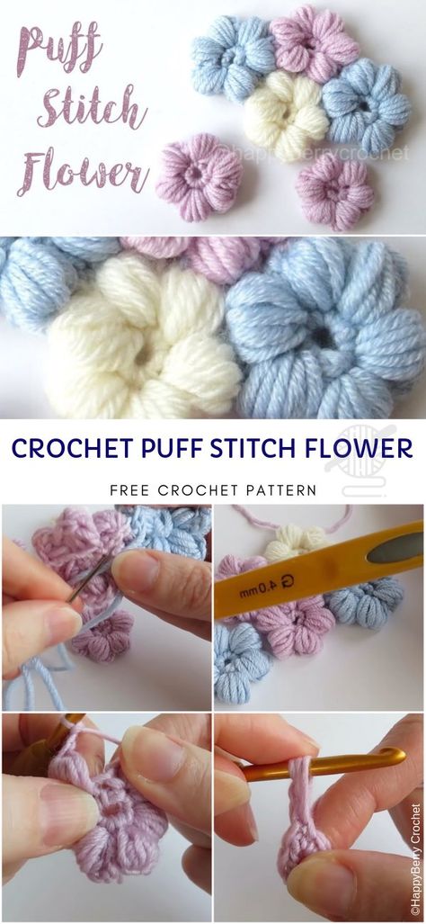 How to crochet Cute flowers puff stitch Flower Puff Crochet, Crochet Flowers Tutorial, Diy Crochet Flowers Tutorial, Kitty Amigurumi, Diy Crochet Flowers, Puff Stitch Crochet, Puff Flower, Crochet Puff Flower, Crochet Appliques