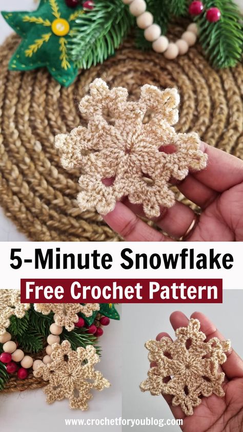 5-Minute Crochet Snowflake Free Pattern - Crochet For You Crochet Christmas Snowflakes, Crochet Christmas Ornaments Free, Crochet Snowflake, Crochet Ornament Patterns, Christmas Crochet Patterns Free, Snowflake Patterns, Crochet Snowflake Pattern, Crochet Christmas Gifts, Crochet Xmas