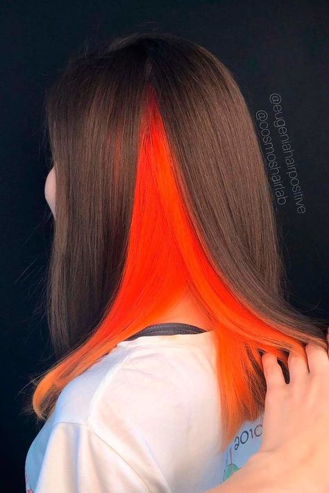 Neon Orange Peekaboo For Dark Brown ❤ #lovehairstyles #hair #hairstyles #haircuts Orange Peekaboo, Peak A Boo Hair, Half Colored Hair, Peekaboo Hair Color, Under Hair Color, Two Color Hair, Hidden Hair Color, Peekaboo Hair Colors, Cheveux Oranges