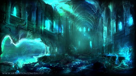 Sunken Temple, Isa L_y on ArtStation at https://www.artstation.com/artwork/83w1n Underwater Temple Map, Sunken Temple, Magic Temple, Underwater Temple, Underwater Ruins, Water Temple, Gothic Church, Underwater Art, Temple Art