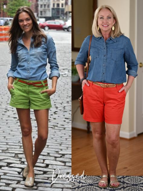 How to Style Your Wardrobe with Pinterest - Dressed for My Day Denim Shirt With Shorts Outfit, Chino Shorts Outfit Women, Shorts Outfits Women Over 40, Orange Shorts Outfit, Navy Shorts Outfit, Chino Shorts Outfit, Red Shorts Outfit, Casual Shorts Outfit, Bermuda Shorts Outfit