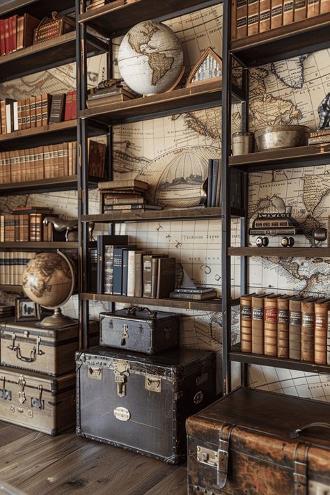 Old Library Room Aesthetic, Vintage Explorer Aesthetic, Old Library Room, Library Room Cozy, Explorer Decor, Home Library Room, Cozy Library Room, Industrial Library, Cabin Library