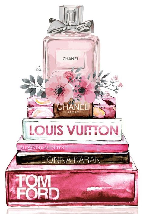 Books Watercolor, Kate Spade Perfume, Chanel Perfume Bottle, Bottle Flowers, Chanel Decor, Perfume Art, Chanel Art, Flowers Fashion, Girly Wall Art