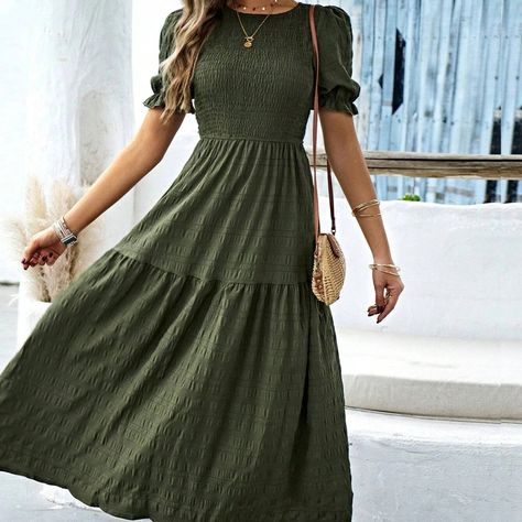 Beautiful And Stretchable Long Dress In Army Green Color. Perfect For Any Session & Any Event Business Formal Dress, Shirred Dress, Cotton Blends Dress, Modest Clothing, Round Neck Dresses, Ruffle Hem Dress, Women Maxi, Women Long Dresses, Types Of Dresses