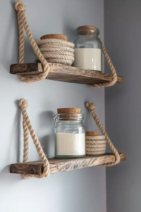 "Bring creativity to your walls with a DIY Rope Hanging Shelf! 🛠️📚 Perfect for showcasing your favorite items in a stylish way. 🌟✨ #DIYStorage #HomeInspiration #HangingShelf" Floating Shelves With Leather Straps, Boat Rope Decor, Rope Shelf Decor, Rope Shelf Diy, Diy Tiered Shelf, Diy Rope Ladder, Diy Hanging Shelf, Wood Art Diy, Diy Hanging Shelves