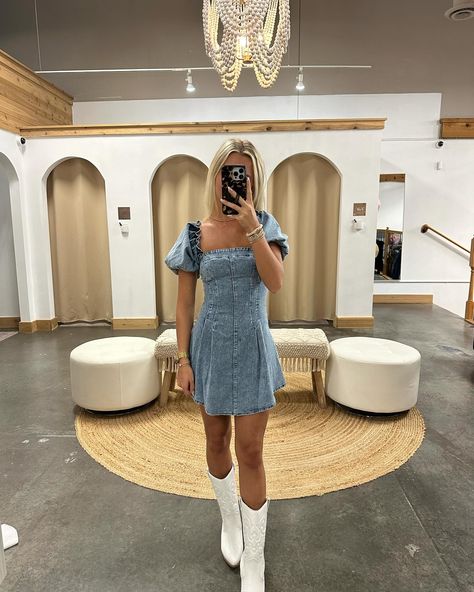 The country concert dress of your dreams! 🤠🤍 #ootd #minidress #countryconcertootd #yeehaw #denimdress Cowboy Boots Dress Outfit, Country Concert Dress, Concert Ootd, Business Casual Flats, Concert Dress, Country Outfits Women, Megan Moroney, Dresses With Cowboy Boots, Bridal Business