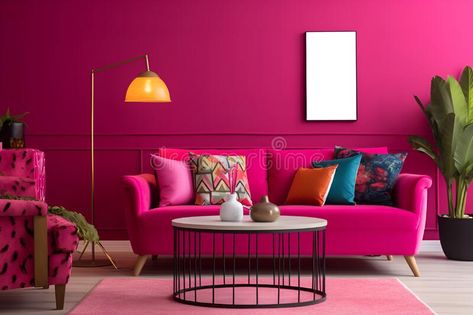 Vivid magenta interior designe of living room, wall and soft sofa in trendy colors. Generative AI royalty free stock photo Magenta Office Design, Magenta Living Room, Magenta Interior Design, Magenta Interior, Magenta Walls, Vivid Magenta, Soft Sofa, Living Room Colors, Trendy Colors