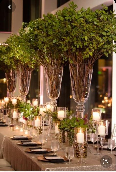 Wedding centerpiece Woodlands Wedding, Winter Wedding Centerpieces, Tall Wedding Centerpieces, Elegant Entertaining, Wedding Floral Centerpieces, Tall Centerpieces, Long Table, Entertaining Ideas, Greenery Wedding